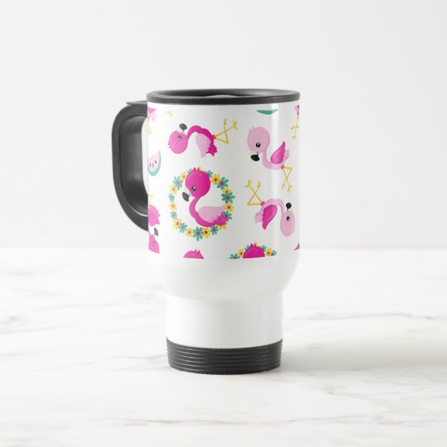 Tropical Pattern, Flamingos, Watermelons, Flowers Travel Mug (Front Left)