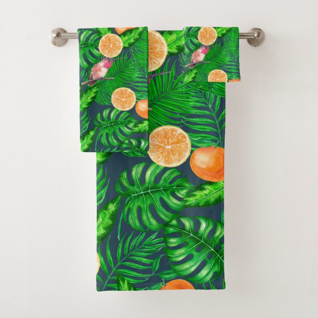 Tropical pattern, hummingbirds bath towel set (Insitu)