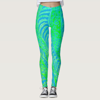 Tropical Pattern, Line Round Curve, Blue Turquoise Leggings