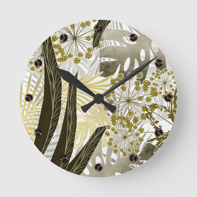 Tropical pattern monstera palm leaves exotic round clock (Front)