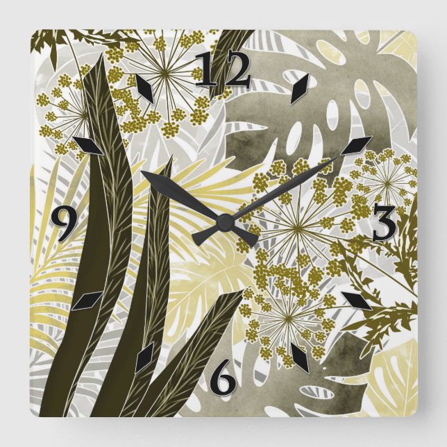 Tropical pattern monstera palm leaves exotic round square wall clock (Front)