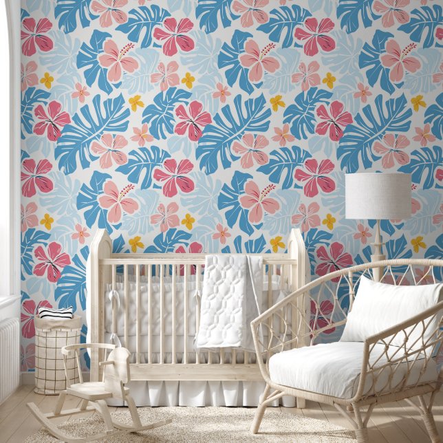 Tropical Pattern Pink Red Yellow Hibiscus Leaves Wallpaper (Kids)