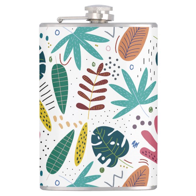 tropical pattern with colourful leaves hip flask (Front)