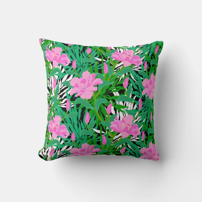 Tropical Pattern With Jungle Flowers Cushion (Front)