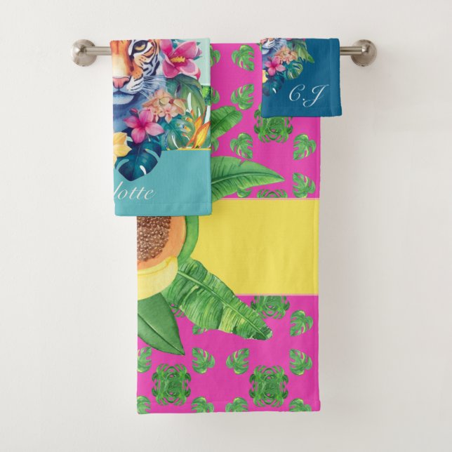 Tropical pattern with leopard, leaves and flowers bath towel set (Insitu)