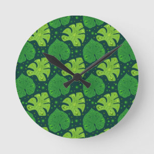 Tropical pattern with liana and monstera leaves   round clock