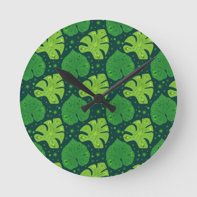 Tropical pattern with liana and monstera leaves   round clock (Front)
