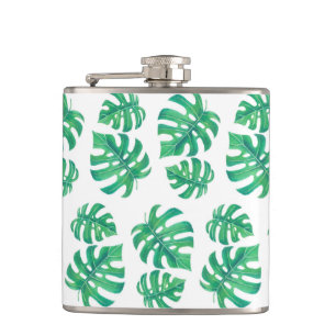 Tropical pattern with monstera leaves hip flask