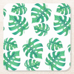 Tropical pattern with monstera leaves square paper coaster