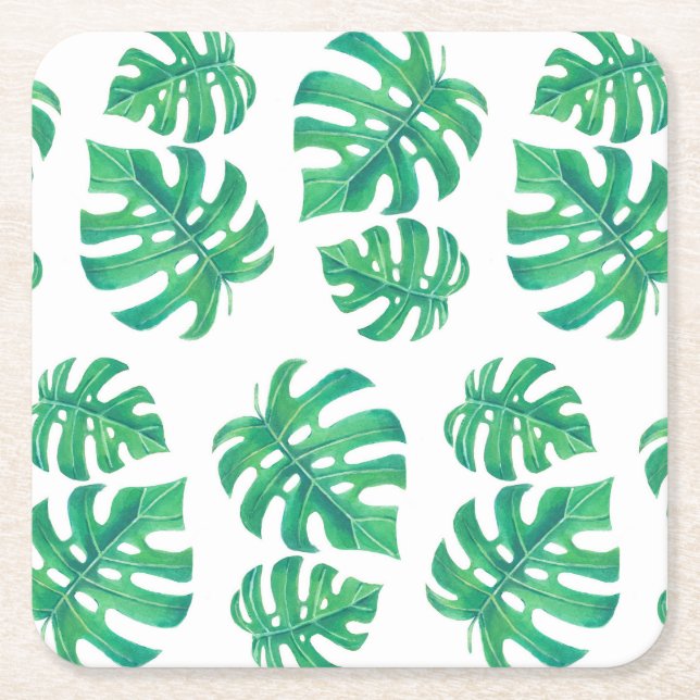 Tropical pattern with monstera leaves square paper coaster (Front)