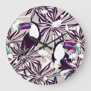 Tropical pattern with palm trees and birds. large clock