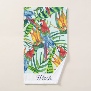 Tropical pattern with parrots, leaves and flowers hand towel