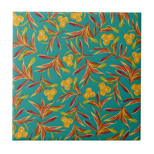 Tropical Pattern with Red and Yellow Leaves Tile
