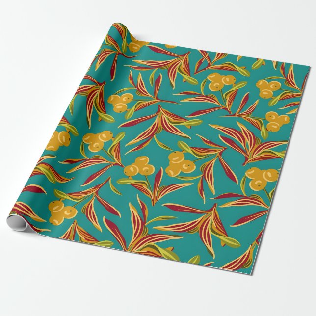 Tropical Pattern with Red and Yellow Leaves Wrapping Paper (Unrolled)