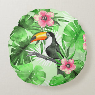 Tropical pattern with toucan round cushion