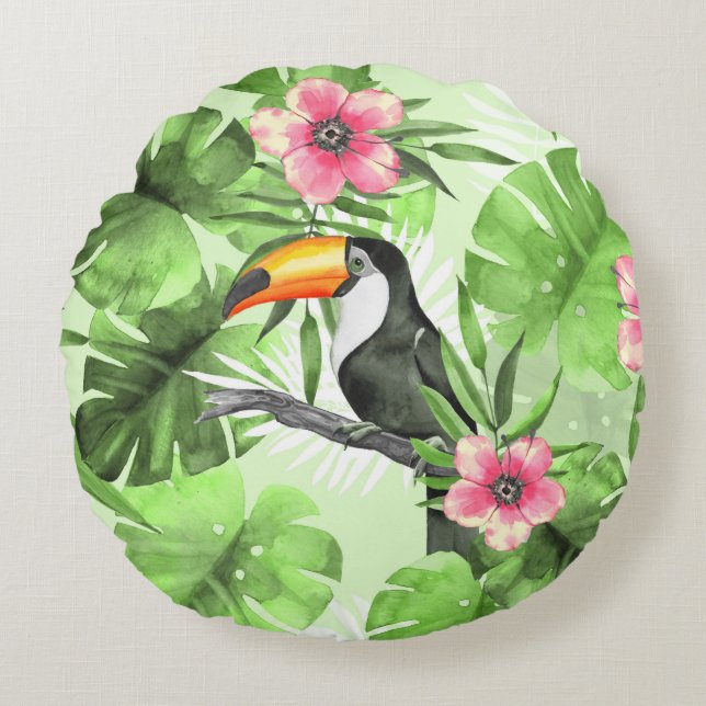 Tropical pattern with toucan round cushion (Front)