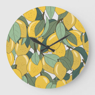 Tropical Pattern with Yellow Lemons. Large Clock