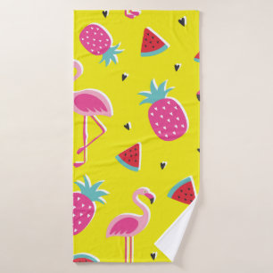 tropical patternwith pink pineapple, flamingos, w bath towel