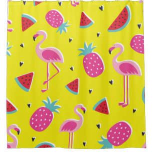 tropical patternwith pink pineapple, flamingos, w shower curtain