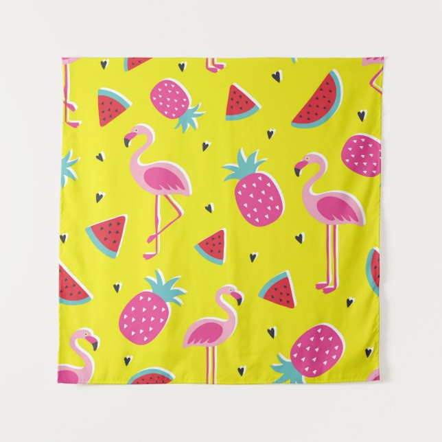  tropical patternwith pink pineapple, flamingos, w tapestry (Front)