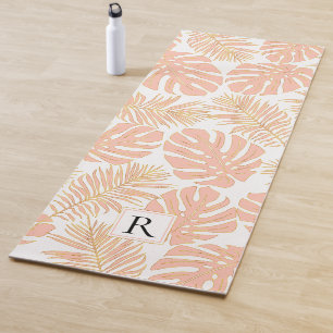 Tropical peach and gold leaves and monogram yoga mat