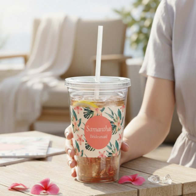 Tropical Peach and Green Bridesmaid Acrylic Tumbler (Creator Uploaded)