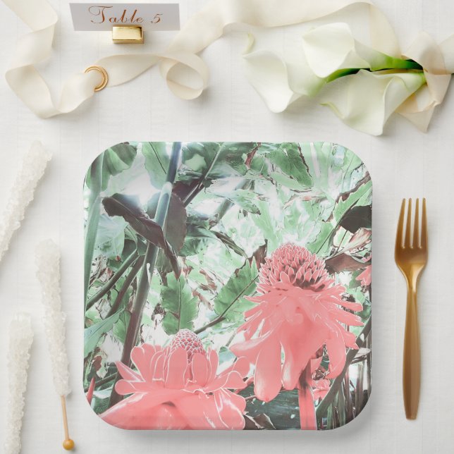 Tropical Peach Garden Wedding Square Paper Plate (Wedding)