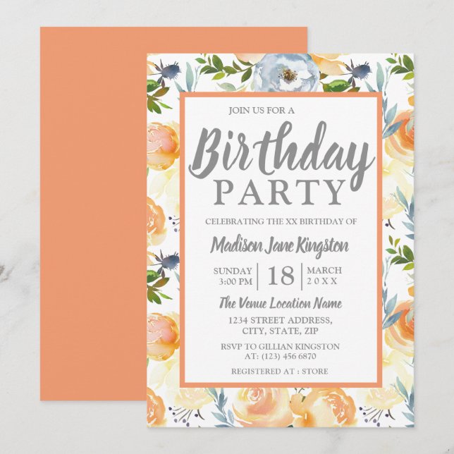 Tropical Peach Grey Summer Spring Birthday Party Invitation (Front/Back)