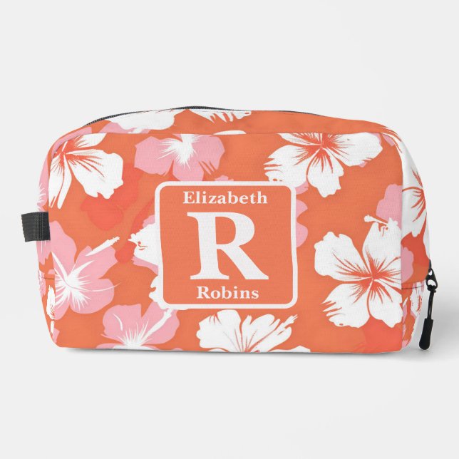 Tropical peach hibiscus personalised Monogram  Dopp Kit (Front)