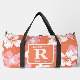 Tropical peach hibiscus personalised Monogram  Duffle Bag