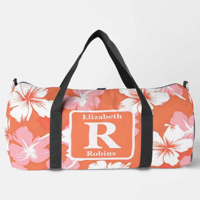 Tropical peach hibiscus personalised Monogram  Duffle Bag (Front)