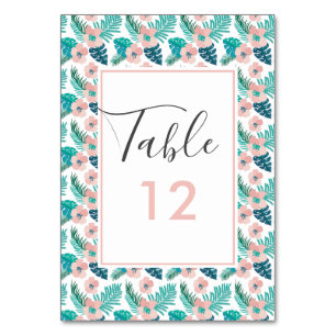 Tropical Peach Pink Floral Hawaiian Beach Wedding Table Number
