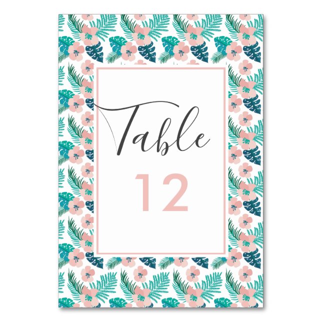 Tropical Peach Pink Floral Hawaiian Beach Wedding Table Number (Front)