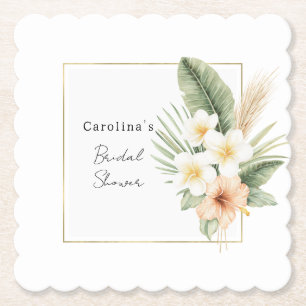 Tropical Peach White Floral Bridal Shower Paper Coaster