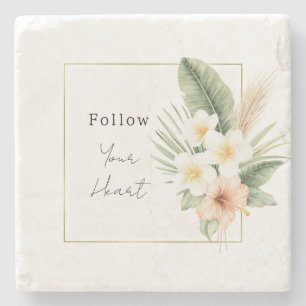 Tropical Peach White Floral Stone Coaster