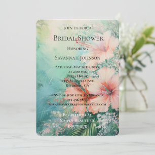 Tropical Peach White Hibiscus Floral Bridal Shower Invitation