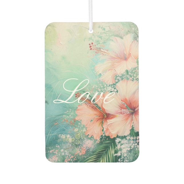Tropical Peach White Hibiscus Floral Love Car Air Freshener (Front)