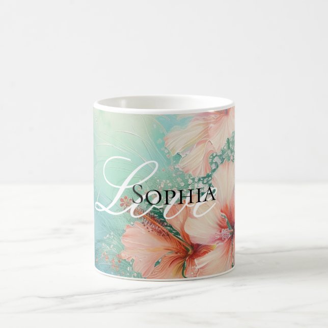 Tropical Peach White Hibiscus Floral Love  Coffee Mug (Center)