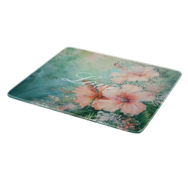 Tropical Peach White Hibiscus Floral Love  Cutting Board (Corner)