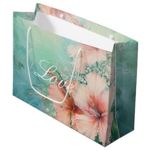Tropical Peach White Hibiscus Floral Love Large Gift Bag