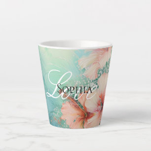 Tropical Peach White Hibiscus Floral Love Latte Mug