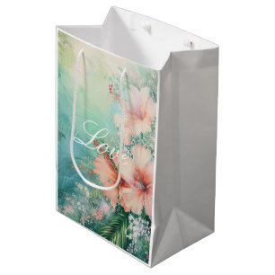 Tropical Peach White Hibiscus Floral Love Medium Gift Bag