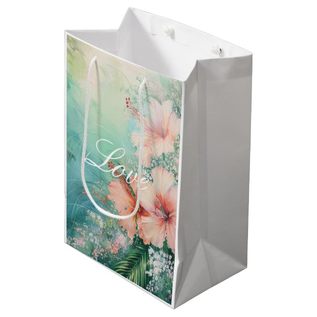 Tropical Peach White Hibiscus Floral Love  Medium Gift Bag (Front Angled)