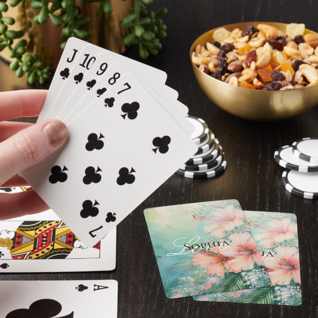 Tropical Peach White Hibiscus Floral Love  Playing Cards (In Situ)
