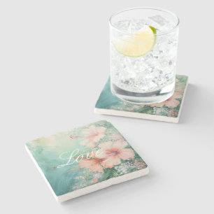 Tropical Peach White Hibiscus Floral Love Stone Coaster