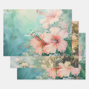 Tropical Peach White Hibiscus Floral Love  Wrapping Paper Sheet