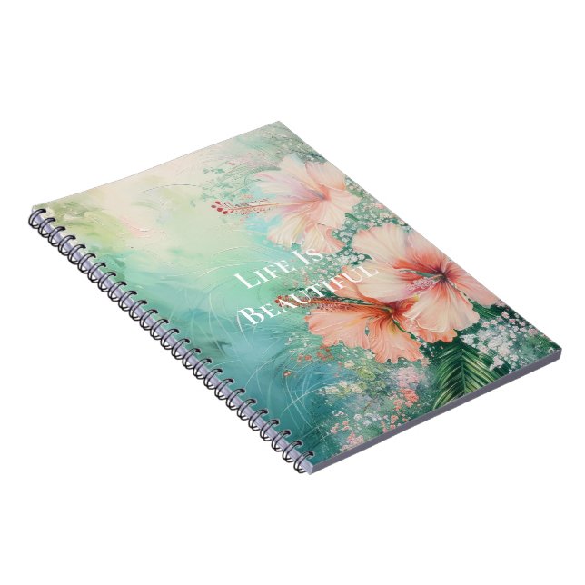 Tropical Peach White Hibiscus Floral Notebook (Right Side)