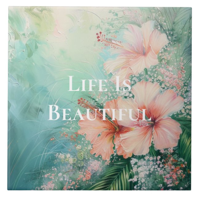 Tropical Peach White Hibiscus Floral Tile (Front)