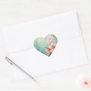 Tropical Peach White Hibiscus Floral Wedding Heart Sticker