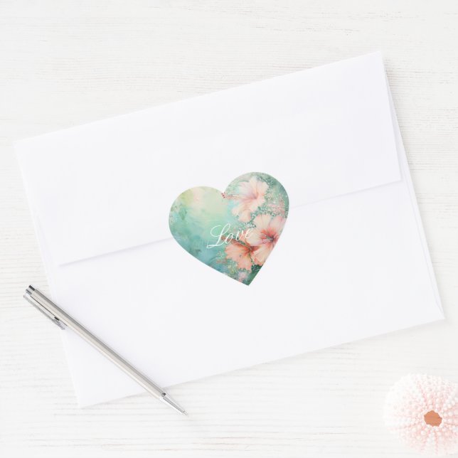 Tropical Peach White Hibiscus Floral Wedding Heart Sticker (Envelope)